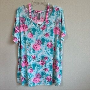 Honeyme Curvy Top Turquoise Pink Floral Print Short Sleeve Plus Size NWT
